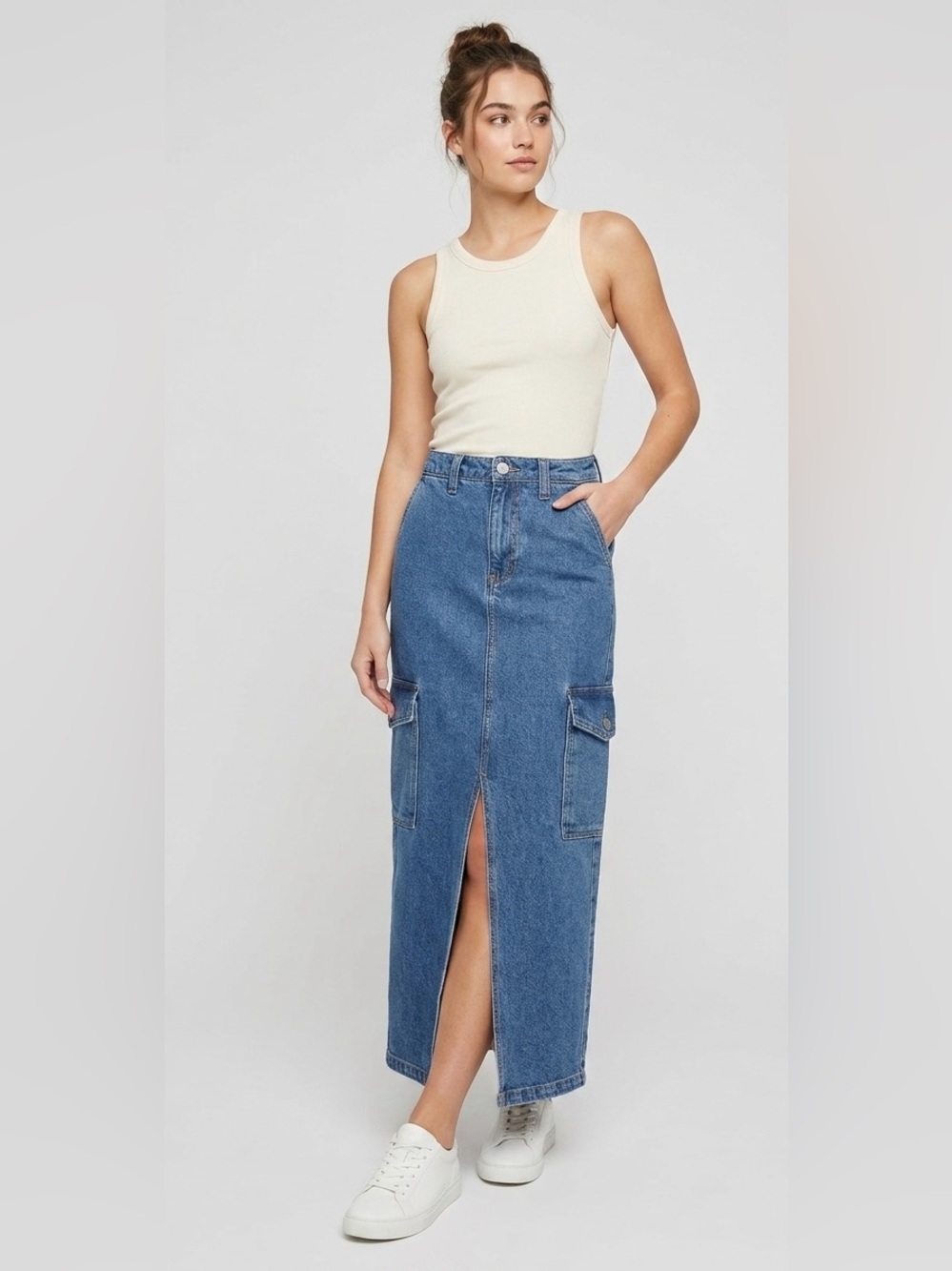 BCBGeneration Cargo Denim Maxi Skirt with Front Slit — Medium Wash Blue